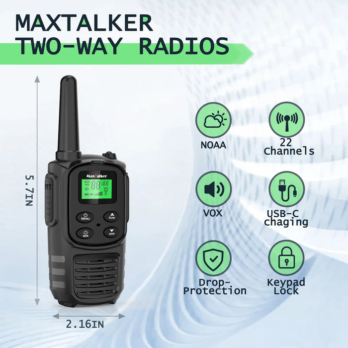 MaxTalker MT10 Walkie Talkies Rechargeable with 22 FRS Channels